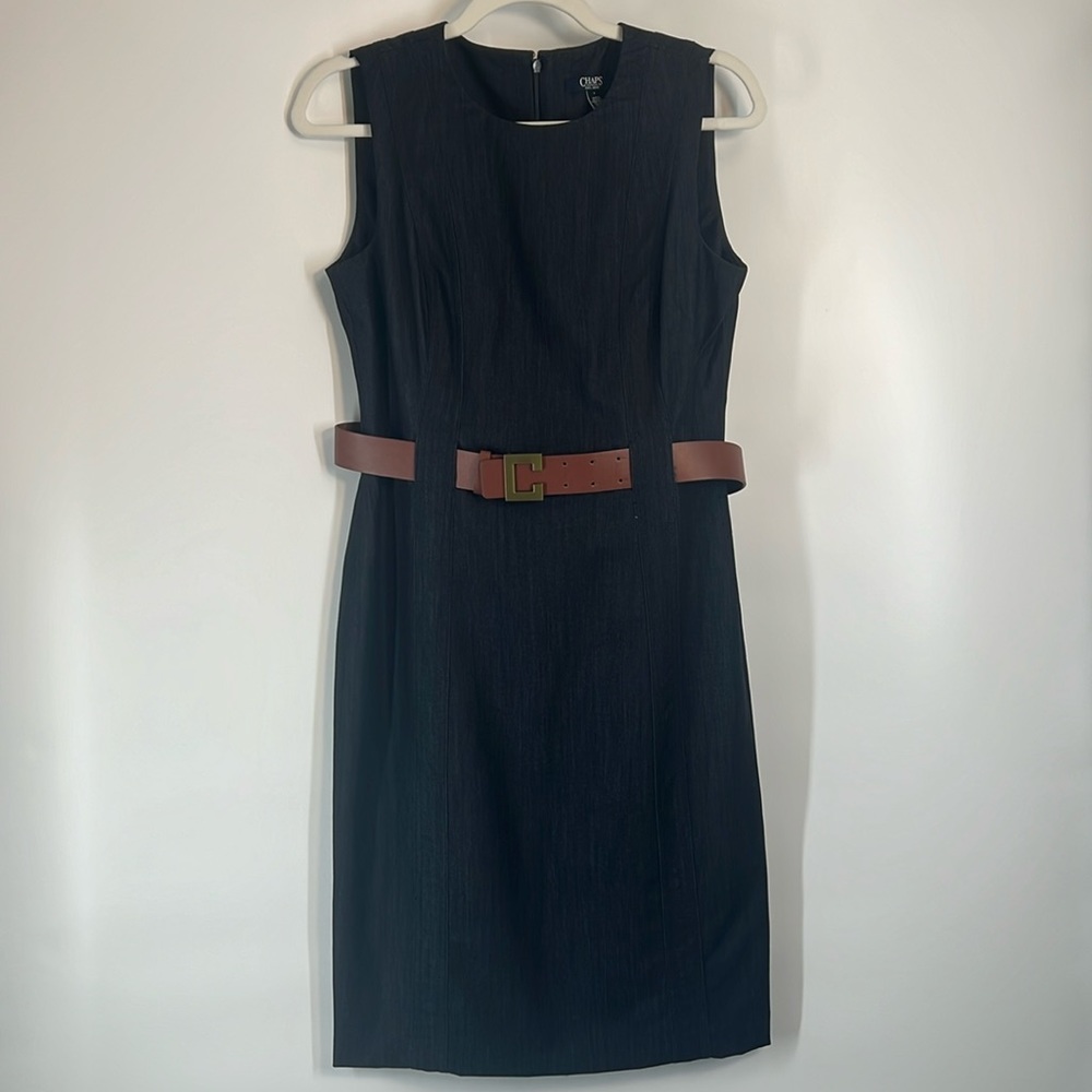 Chaps Denim Sheath Dress Knee Length Crewneck Sleeveless Belted Black Size 6 - Picture 1 of 9